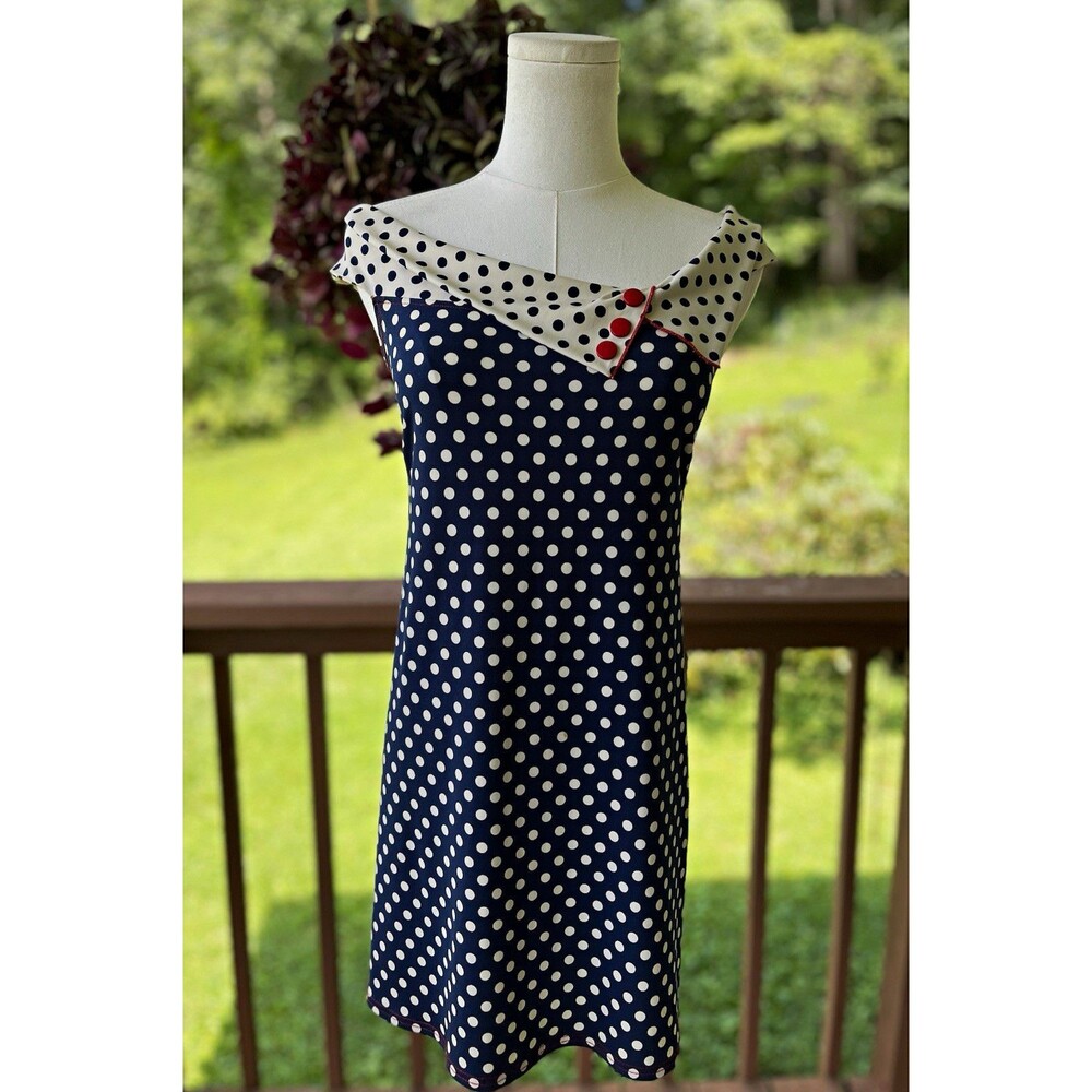 Linda Lundstrom Polka Dot Dress Size 6 Made Canada Off Shoulder Retro Navy Red